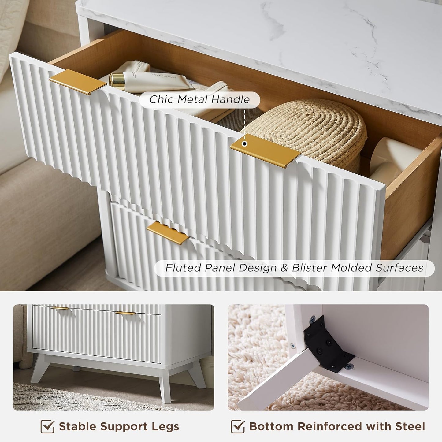 T4TREAM 32" Tall Fluted Nightstand Set of 2, Modern Side Table with Faux Marble Top, 3 Drawers End Table w/Storage, Bedside Table for Bedroom, Living Room, Curved Profile Design, Solid White