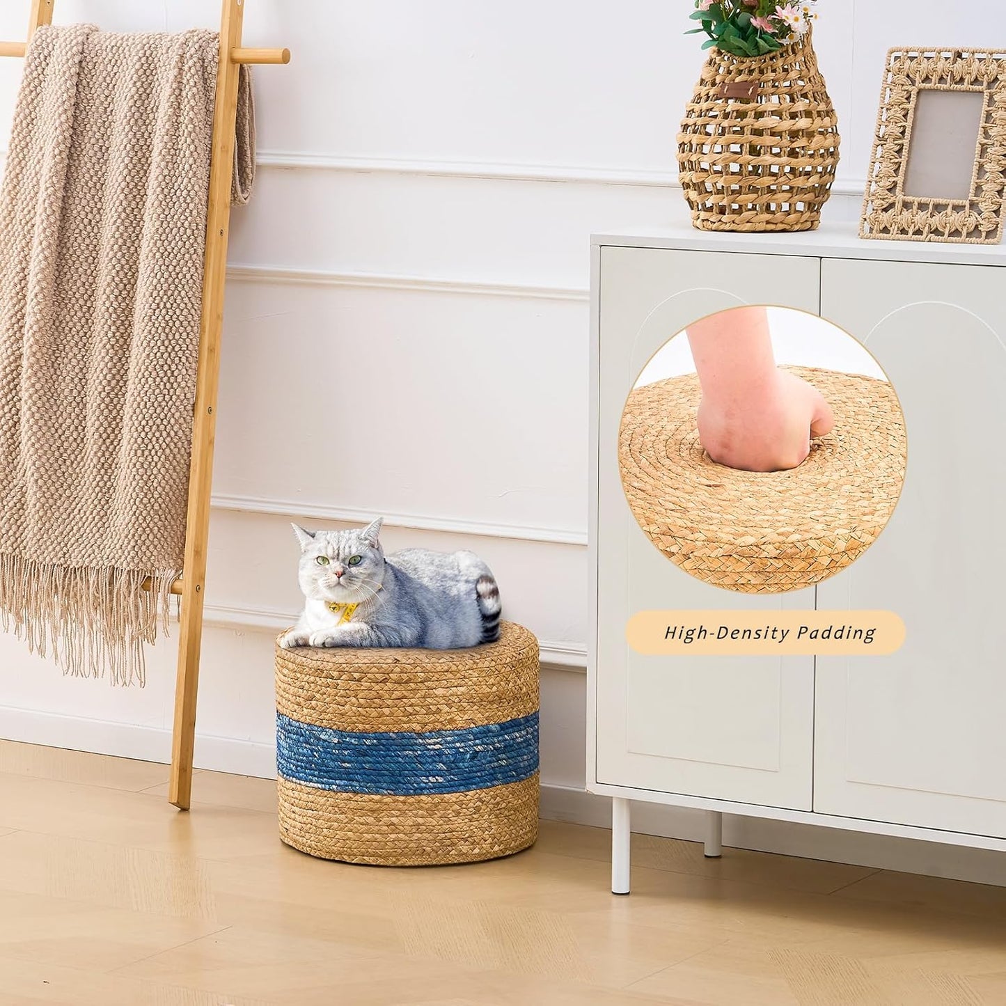 Handwoven Water Hyacinth Ottoman Pouf, Round Outdoor Footstool with Sturdy Frame, No Assembly Needed, Boho Accent Stool for Indoor & Outdoor Use – Patio, Balcony, Living Room (Blue)