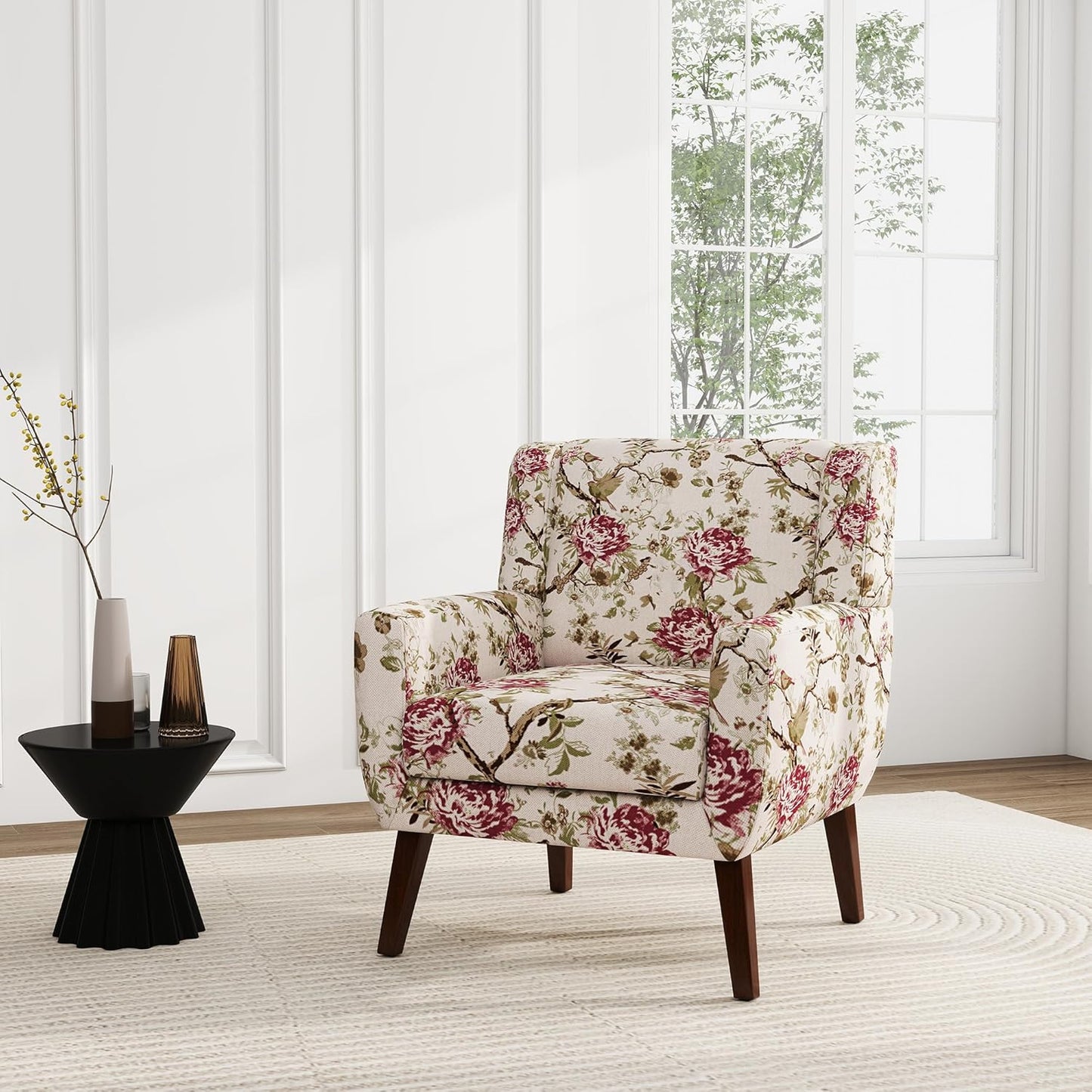 UIXE Floral Accent Chair, Modern Upholstered Armchair in Fabric for Living Room, Comfy Club Arm Chairs Single Sofa Button Tufted Bedroom Reading Seat - Pattern Floral, Set of 4