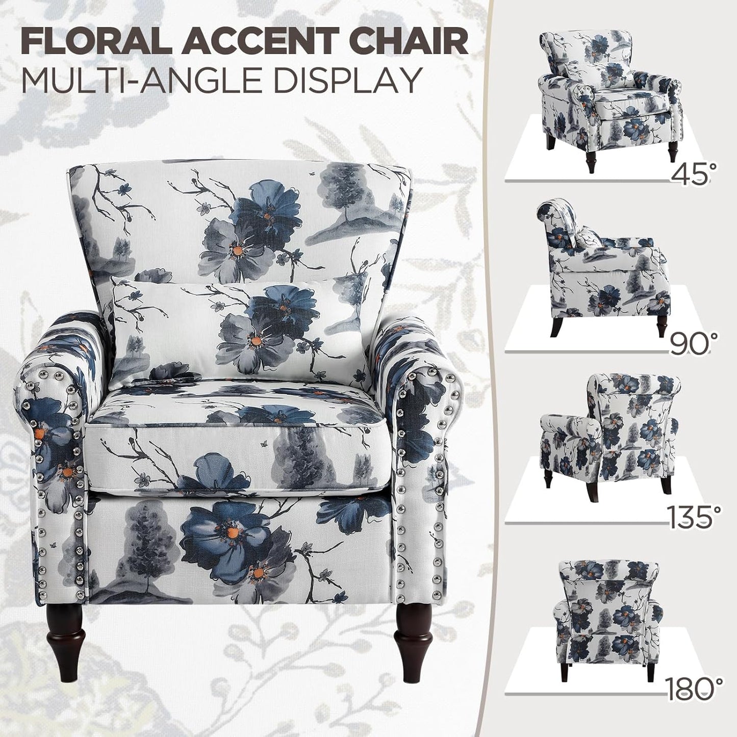 Wingback Accent Chair with Removable Pillow, High Back Floral Armchair with Solid Wood Legs & Nailhead Trim, Comfy Upholstered Reading Single Sofa Chair for Bedroom (1, Ink Blue Pattern)