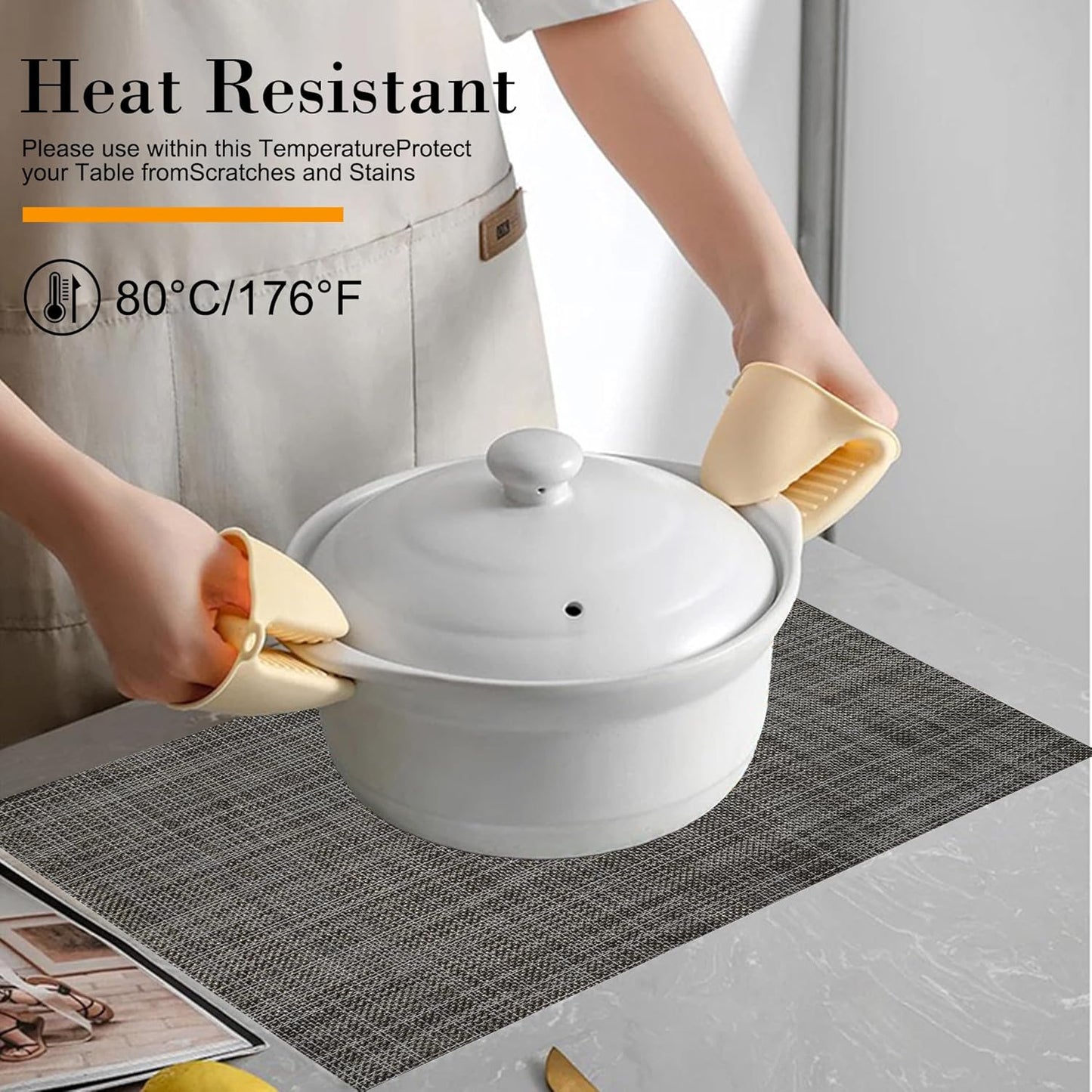 Placemats Set of 6 Washable Indoor/Outdoor Vinyl Place Mats for Dining Table Durable Non-Slip Heat Resistant PVC Weave Table Mats(Cappuccino)