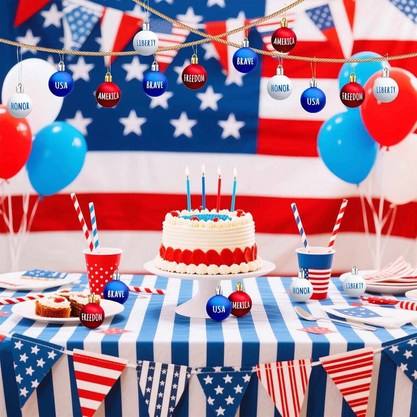 JULMELON 24Pcs 4th of July Patriotic Hanging Ball Ornaments Memorial Day Independence Day Labor Day Hanging Decorations for Home Party Christmas Tree Decor, Blue Red and White