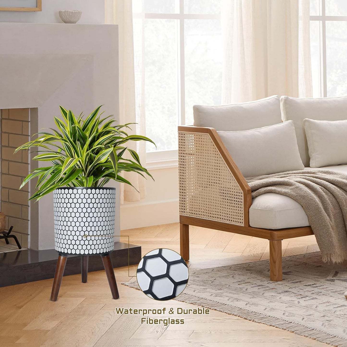 Flower Pot with Legs Tall Flower Pot with Drainage Holes for Indoor and Outdoor Decorative Planting (White Black Honeycomb, 10 Inches)