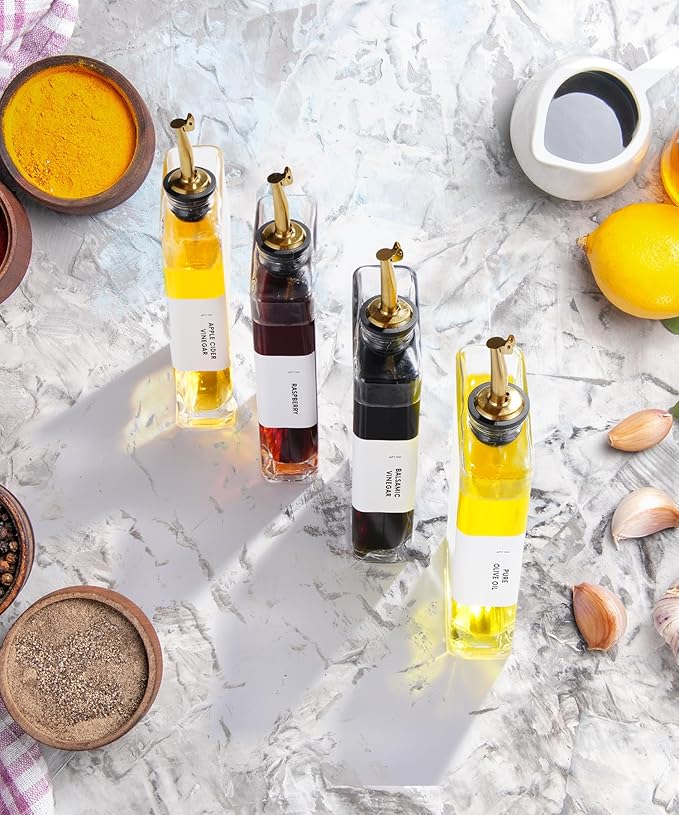 Olive Oil Dispenser for Kitchen, Cooking Oil and Vinegar Dispenser Set, Olive Oil Bottle, Soy sauce dispenser, coffee syrup bottles with stainless steel pourers - 2 pcs, Gold