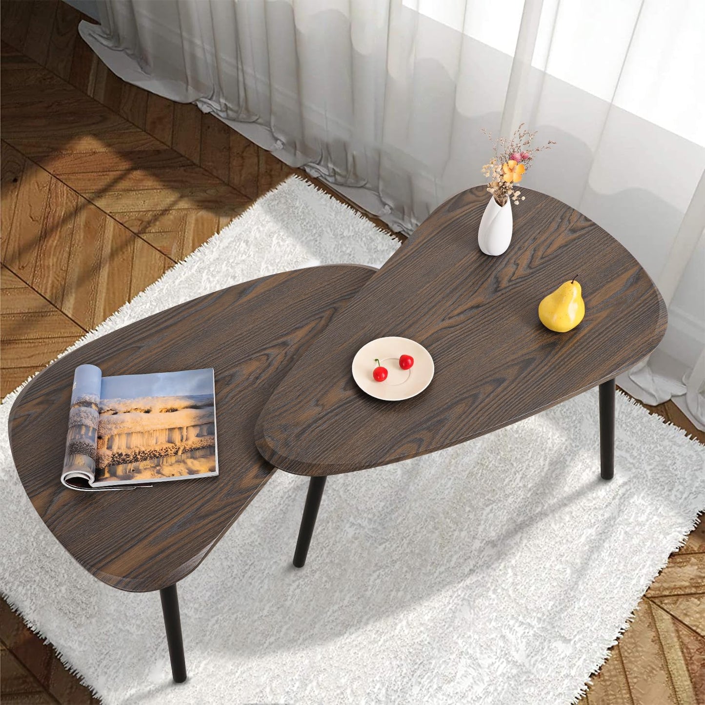 Nesting Coffee Table Set of 2 Side Set Wooden Tables Living Room Bedroom Apartment Modern Industrial Simple Nightstand,Walnut 32" D x 20" W x 18.5" H