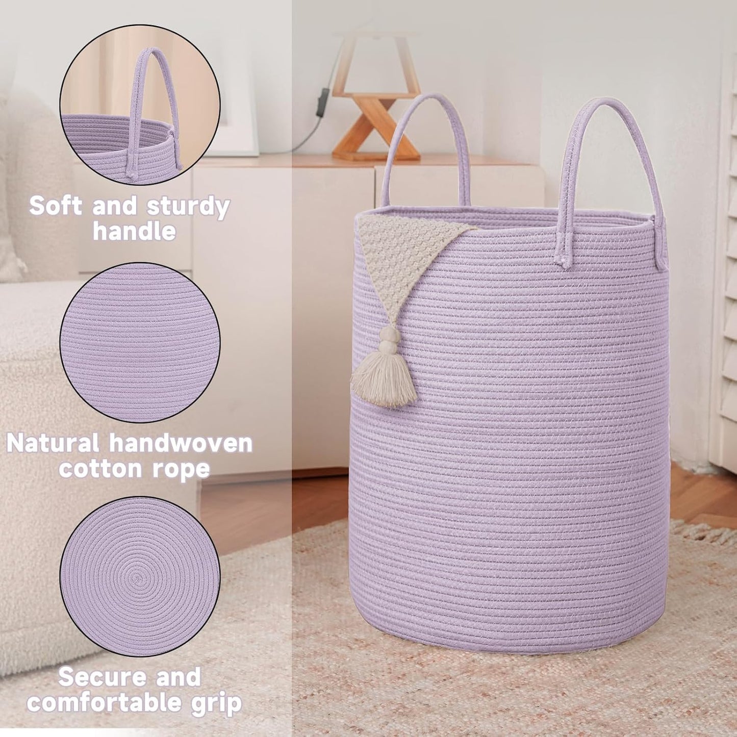 Large Woven Laundry Basket Hamper,80L Cotton Rope Storage Bin for Blankets,Toys and Clothes,Decorative Tall Nursery Hamper for Living Room,Baby Nursery,Bathroom and Bedroom,Purple