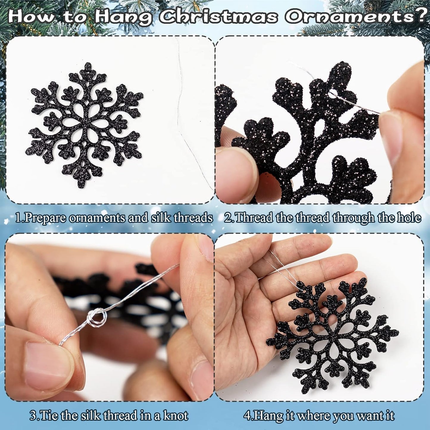 36pcs Black Christmas Snowflake Ornaments, Plastic Glitter Hanging Snow Flakes for Christmas Tree Decorations Winter Wonderland Frozen Birthday Party Holiday Home Decor Craft Snowflakes