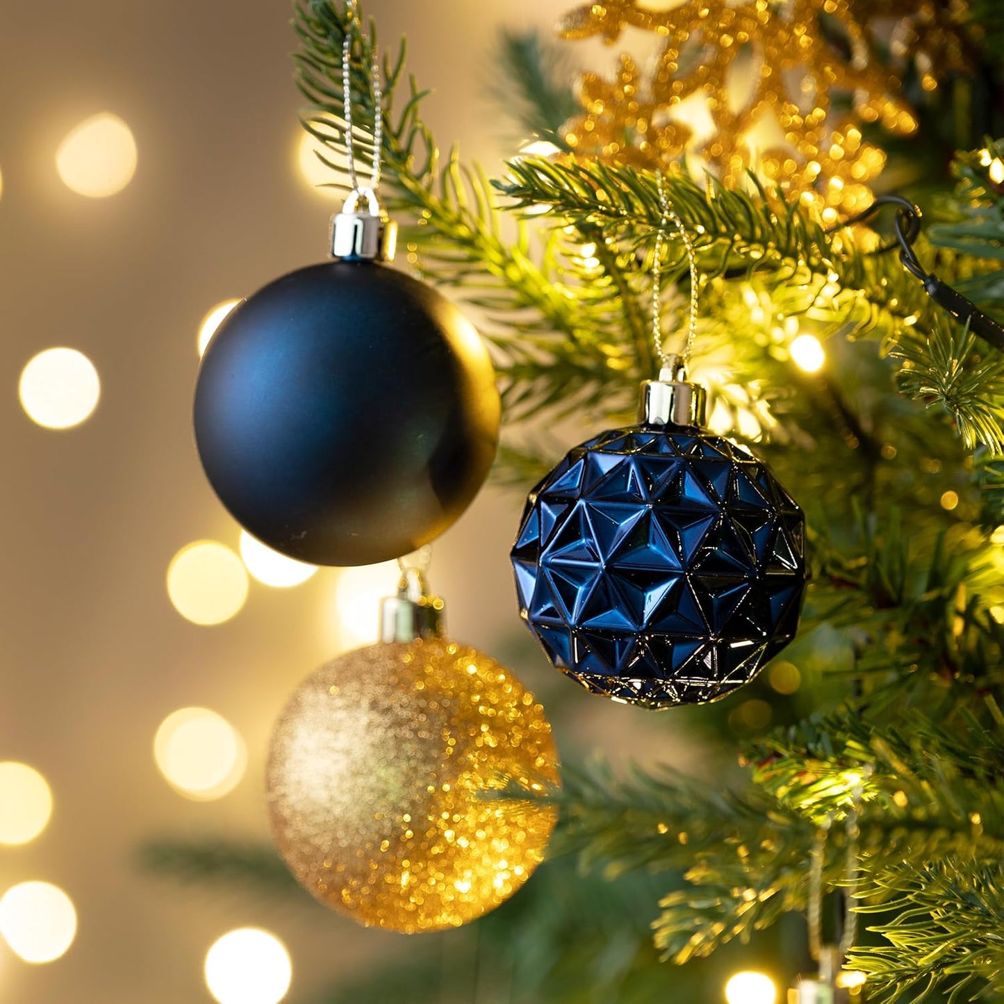 Valery Madelyn Christmas Tree Decorations Ornament Set for Fall Halloween, 50ct 2 Inches Blue and Gold Shatterproof Christmas Ball Ornaments Hanging Xmas Holiday Party Decor