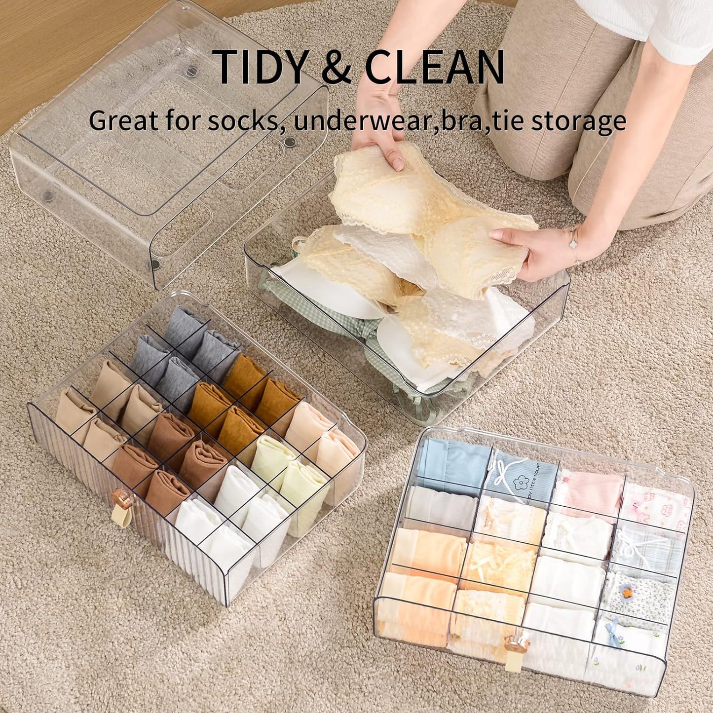 Underwear Organizer for Closet, Acrylic Socks Bra Underwear Drawer Organizer with Dividers, 24 Cell Stackable Closet Organizer and Storage Drawer for Clothing, Baby Clothes, Bra, Ties, Scarf