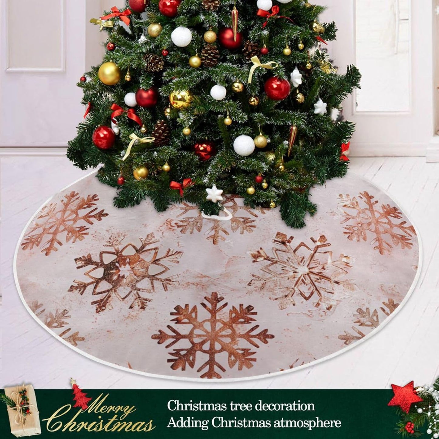 Christmas Tree Skirt, 48 Inch Rose Gold Snowflakes Pattern Xmas Tree Skirt for Christmas New Year Party Decorations Christmas Tree Mat