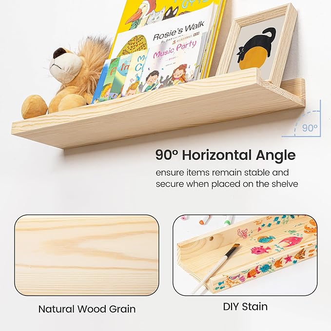 Picture Ledge Shelf for Wall, 24 inches Solid Pine Wood Nursery Book Shelves 3 Packs, Floating Ledge Shelves for Kids' Room Bedroom Bathroom Living Room Photo Frames Office Nursey Wall Decor, Natural