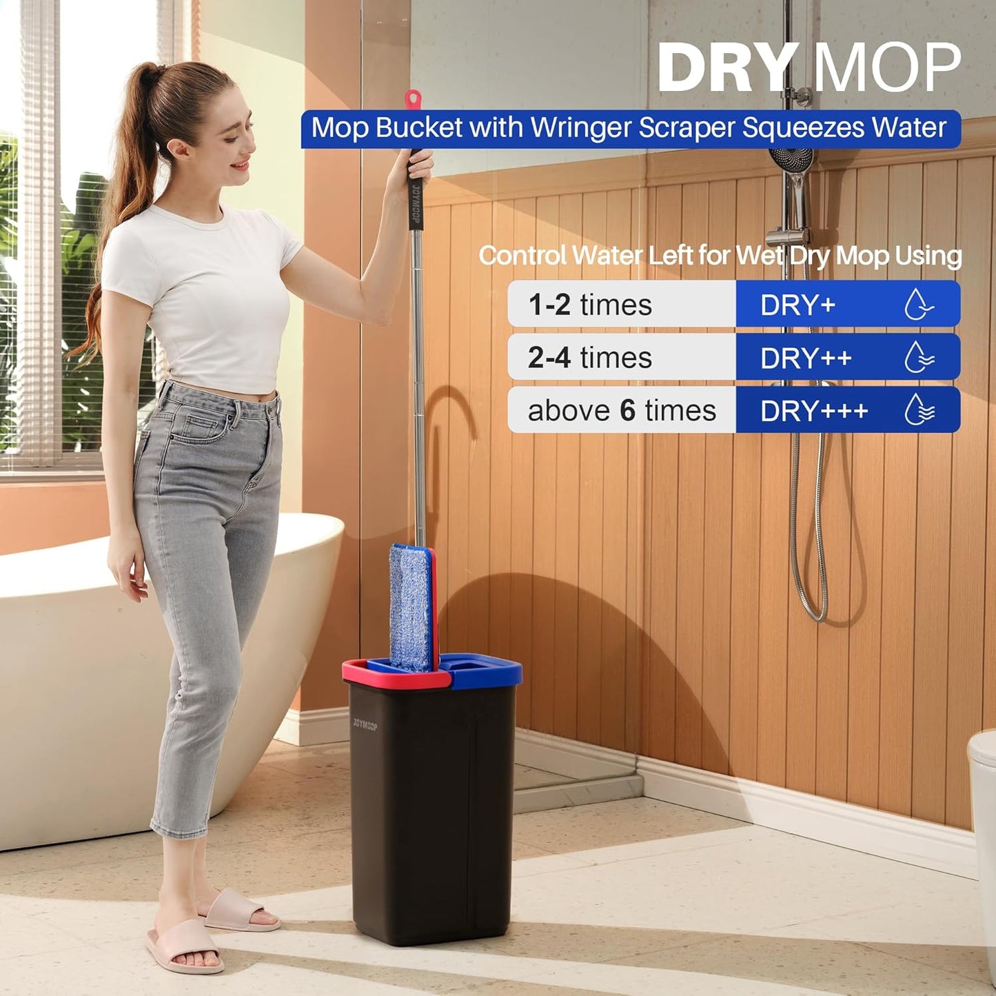 JOYMOOP Mop and Bucket Set for Home, Hands-Free Self-Cleaning System, with 3 Reusable Microfiber Mop Pads, Suitable for Floor Cleaning and Wall Cleaner - Black+Red+Slate Blue