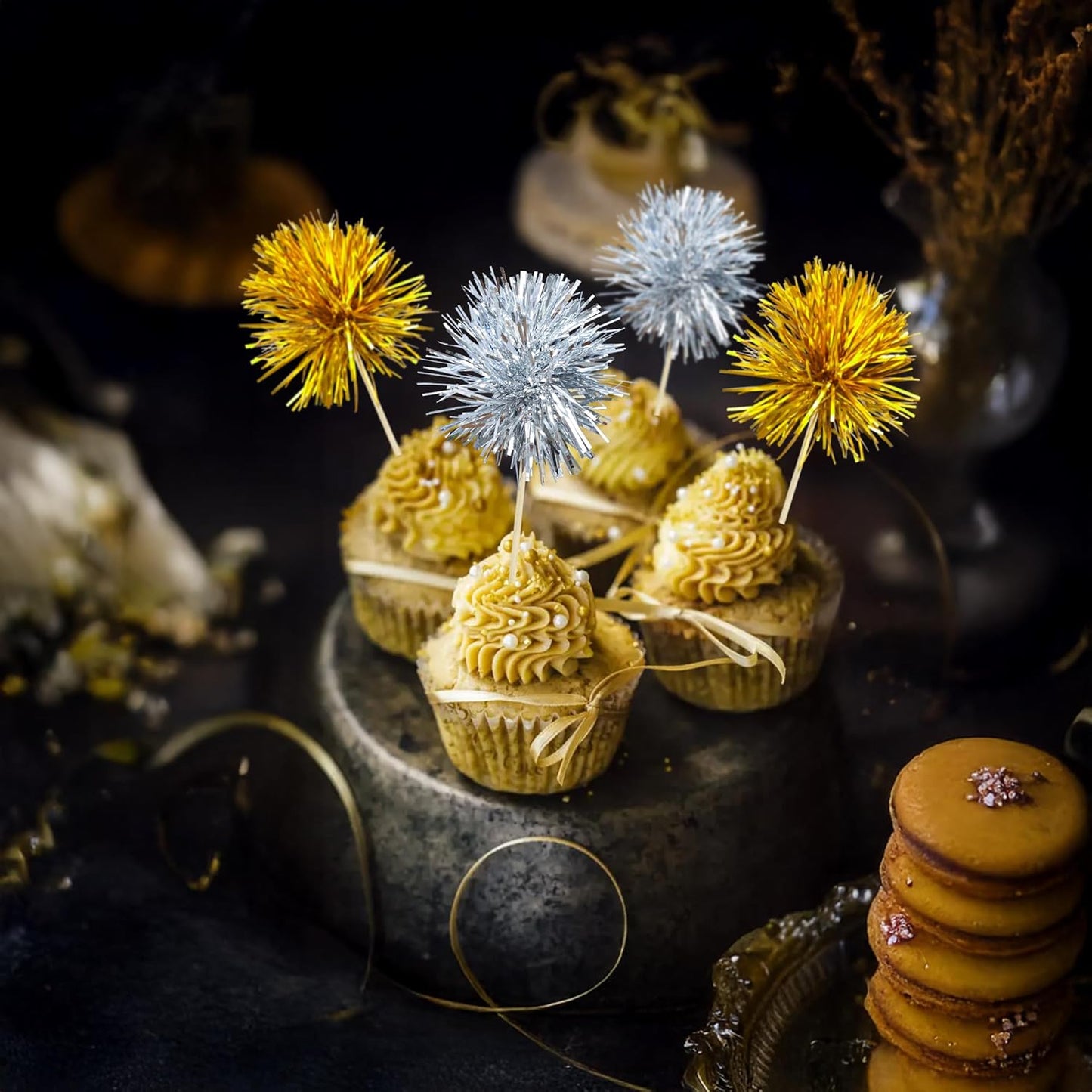 Ephlyn 30Pcs Foil Firework Cupcake Toppers Party Birthday Cake Toppers Supplies Sparkle Tinsel Cocktail Fruit Toothpick for Birthday Wedding Graduation Party Supplies Gold Silver