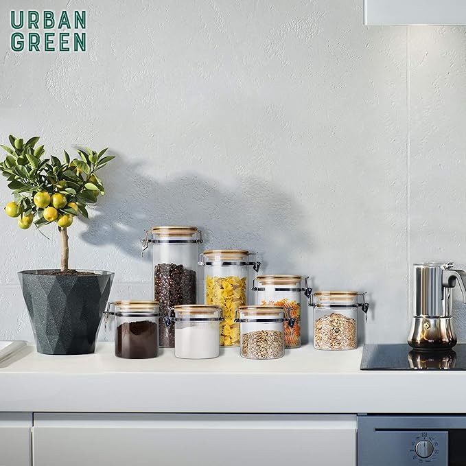Urban Green Borosilicate Glass Storage Jars with Airtight Locking Clamp Lids, Airtight Canister Set,Coffee Set of 3 with Spoon (50oz, 24oz, 18oz), Storage Containers with Bamboo Lid
