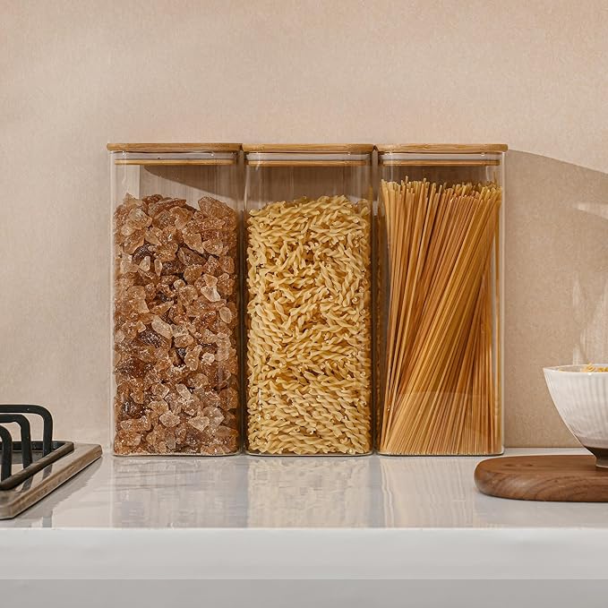 71oz Rectangle Airtight Glass Storage Containers with Bamboo Lids (Set of 4), Square Food Storage Jar, Pantry Organizers for Sugar, Flour, Spaghetti and Coffee beans (with Black Lable)