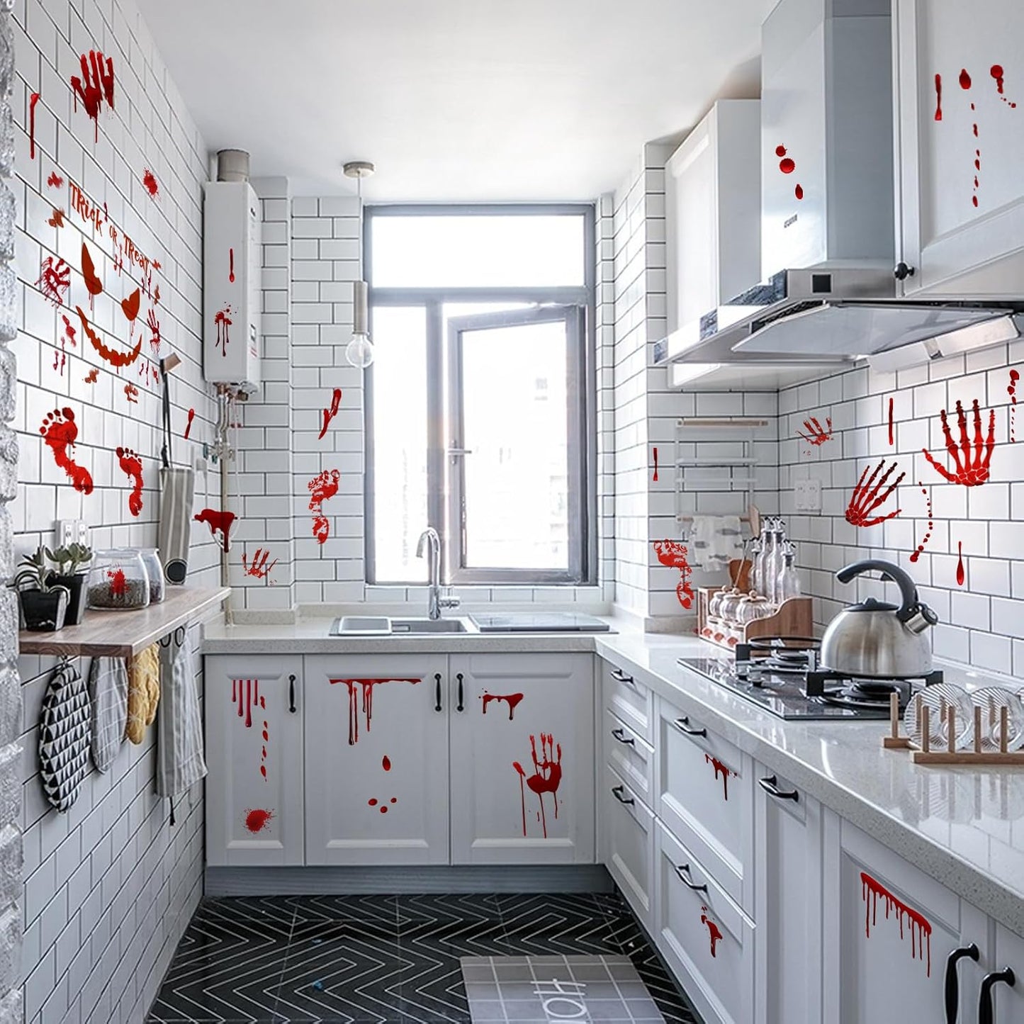 Scary Halloween Decorations Bloody Handprint Footprint Stickers Clings Decals Window Bathroom Floor Restroom,Horror Party Decor Halloween Indoor/Outdoor Decoration