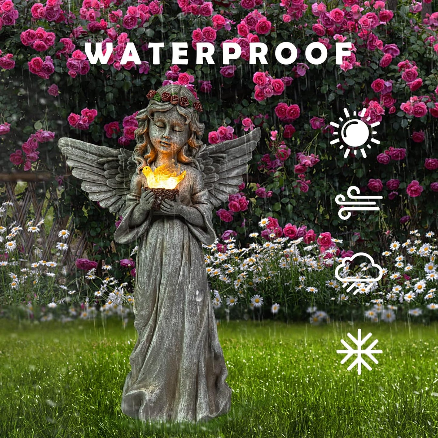 Angel Garden Statue Outdoor Decor, Angel Garden Figurine Hold Dove with Solar Lights Waterproof Resin Yard Art Decoration Lawn Ornament Sculpture for Outside Patio Yard Gift