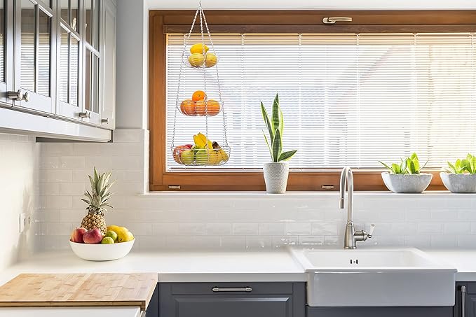 CAXXA 3-Tier Hanging Basket Fruit Organizer Kitchen Heavy Duty Wire Organizer with 2 Free Bonus Metal Ceiling Hooks, Chrome