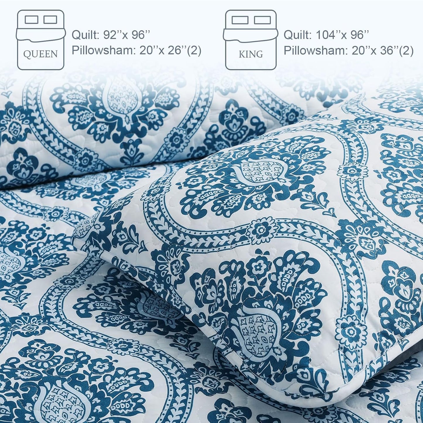 Exclusivo Mezcla Reversible Boho Quilt Set Queen Size, 3 Pieces Damask Blue All Season Bedspreads, Ultra Soft Floral Coverlet Bedding Set with Printed Pattern (1 Quilt, 2 Pillow Shams)