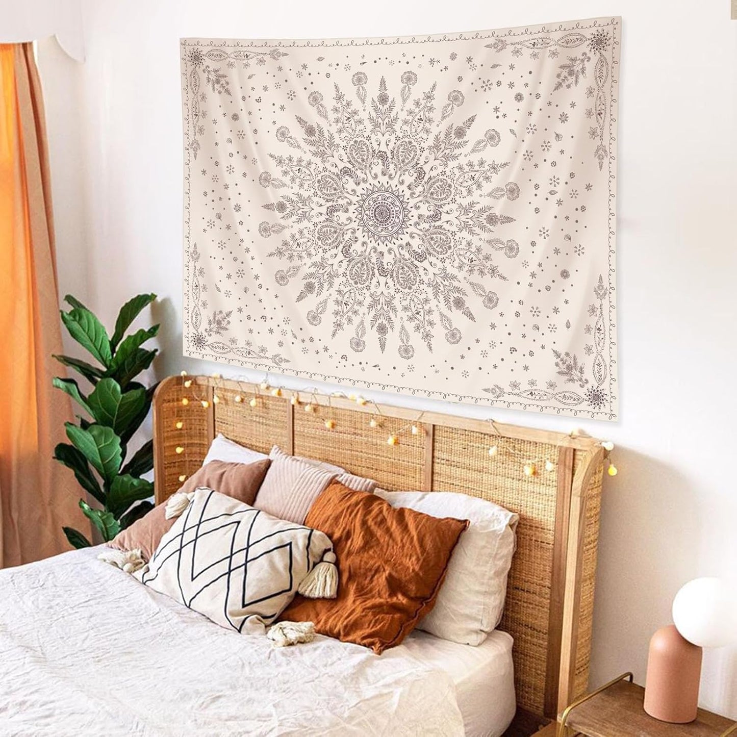 Lunerfex Boho Floral Tapestry Mandala Wall Tapestry, Cute Tapestries for Bedroom Beige Flower Tapestries Wall Hanging for Bedroom Living Room Decor Beige-1 44"x60"
