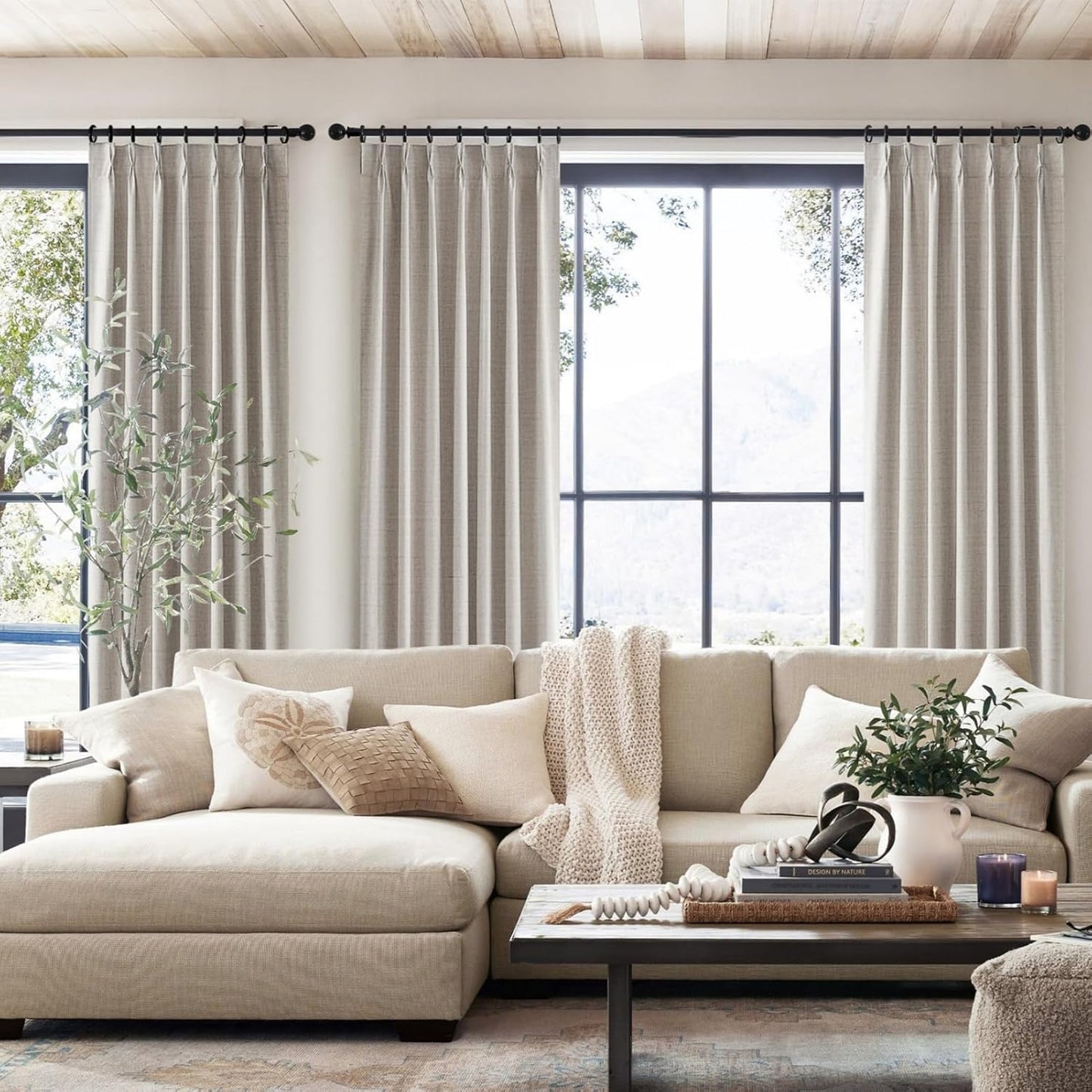 Natural Linen Pinch Pleated Blackout Curtains & Drapes 94 Inch Long Bedroom/Livingroom Farmhouse Curtain 2 Panel Sets, Neutral Track Room Darkening Thermal Insulated Back Tab Window 40"x94"