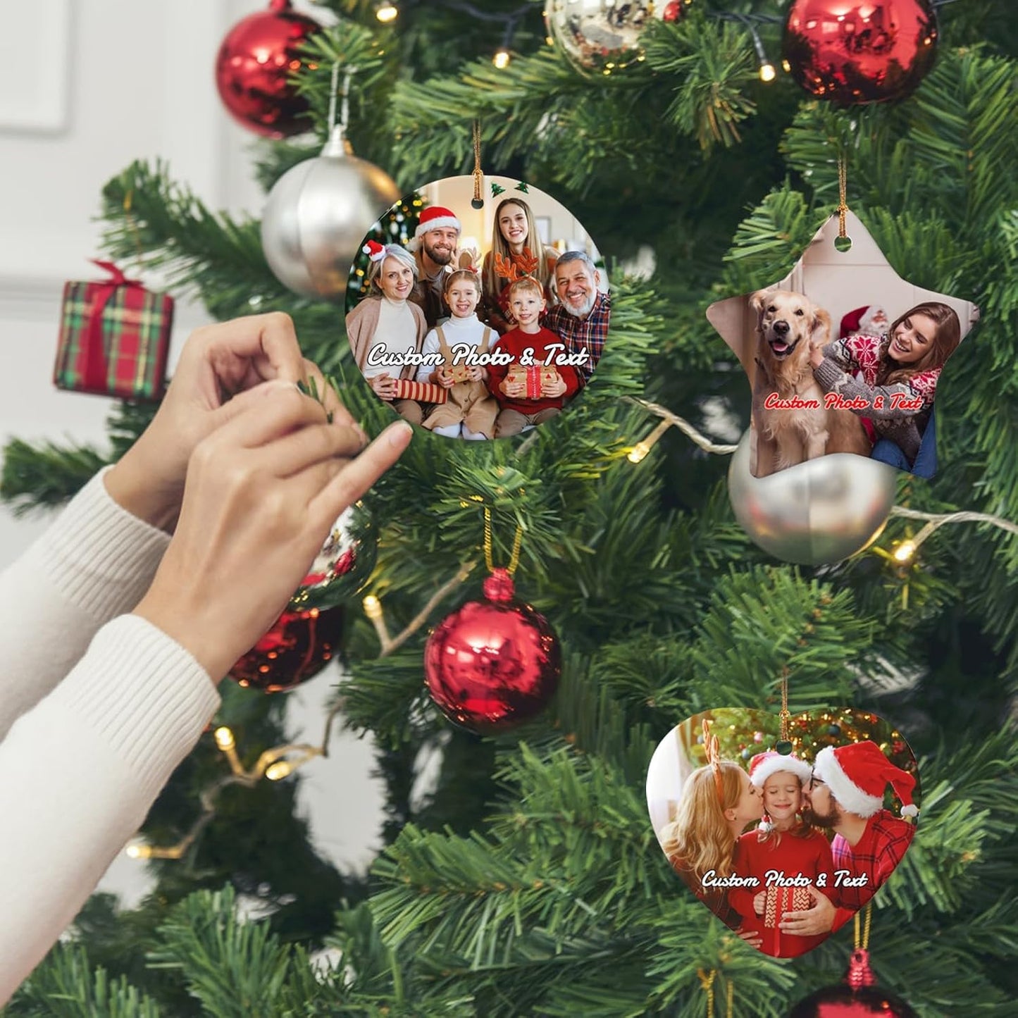 Personalized Christmas Ornaments with Photo 2025 Custom Picture Text Ornaments for Christmas,Double-Sided Ceramic Customized Xmas Tree Decor for Family Couples Dogs,Heart