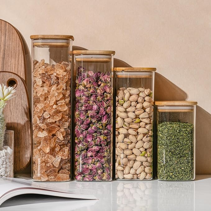 64oz Rectangle Airtight Glass Storage Containers with Bamboo Lids (Set of 3), Square Food Storage Jar, Pantry Organizers for Cereal, Flour, Pasta and Coffee beans (with Black Lable)