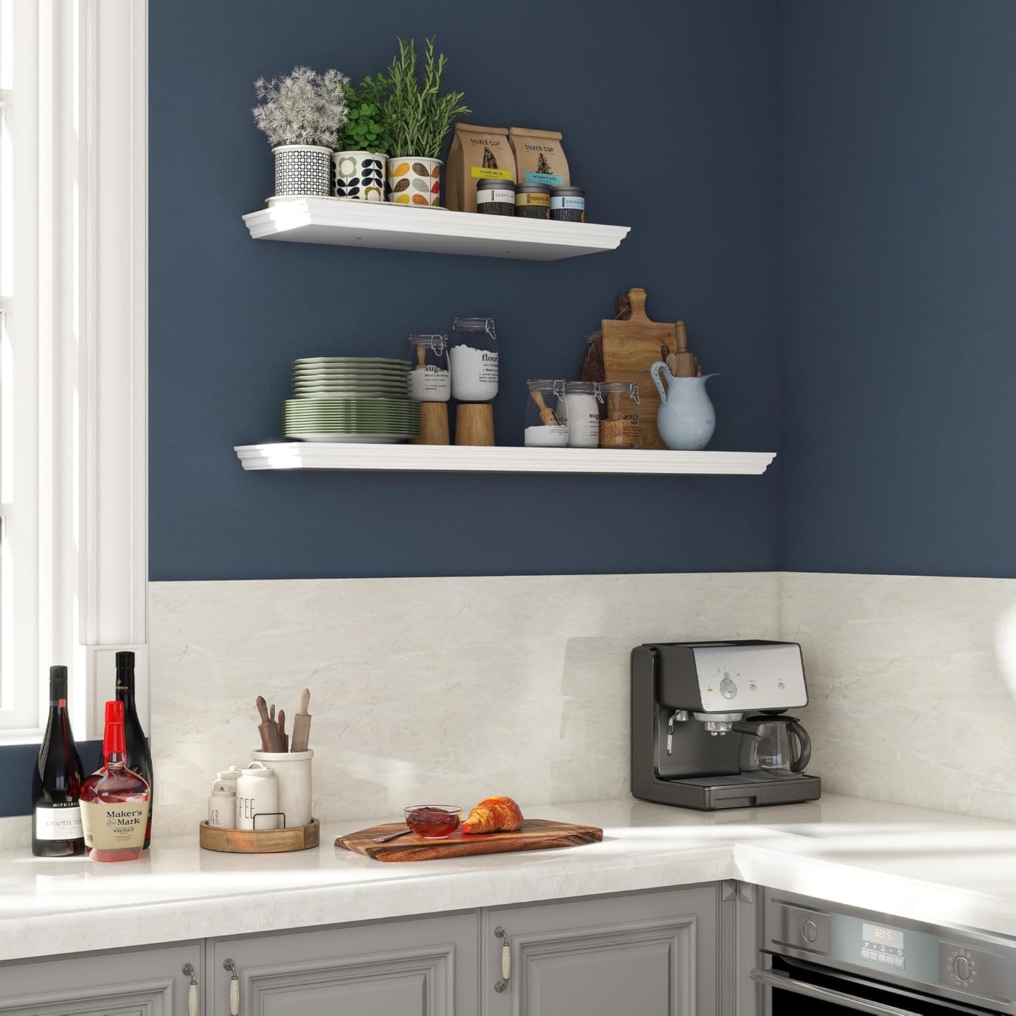 Floating Shelves for Wall, 24 Inch Long Wall Mounted White Hanging Shelf for Kitchen, Living Room, Office, Bedroom, Bathroom, Retro Vintage Wood Bookshelf for House Decor