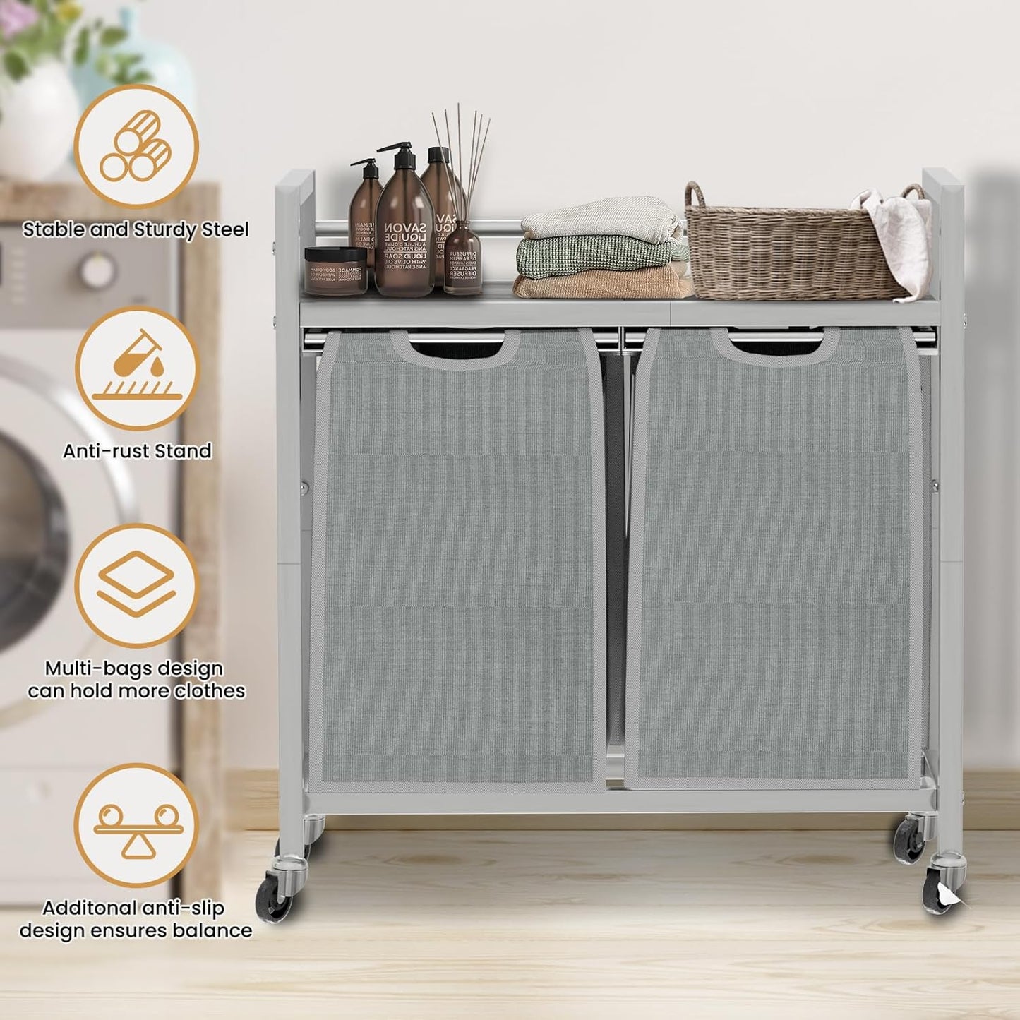 Laundry Hamper, Laundry Basket, Laundry Sorter with 3 Removable Bags, Clothes Basket with 3 Compartments, Wheels, Shelf for Laundry Room Bathroom Bedroom (2 Bags-Gray)