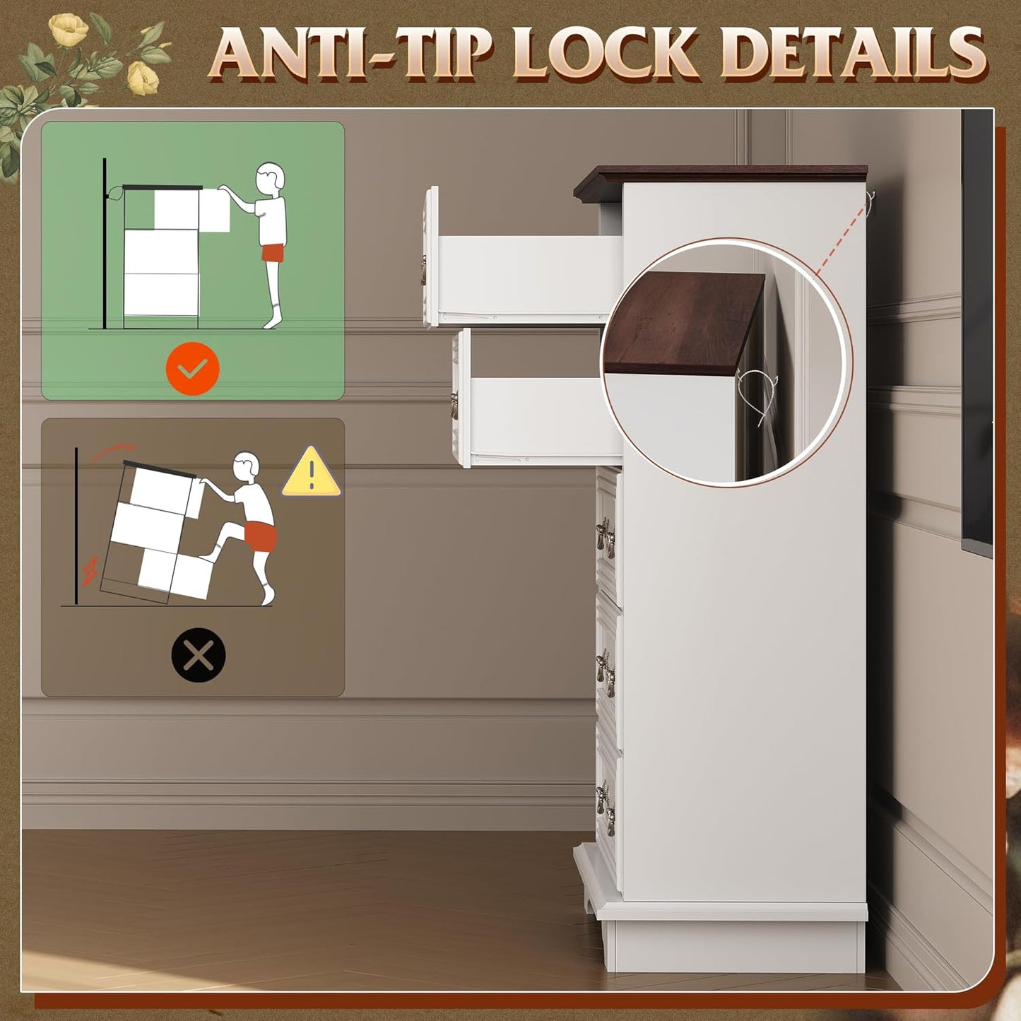 WLIVE Farmhouse Dresser for Bedroom, Wood Dresser with 5 Drawer, Chest of Drawers with Roman Metal Handle for Living Room, White