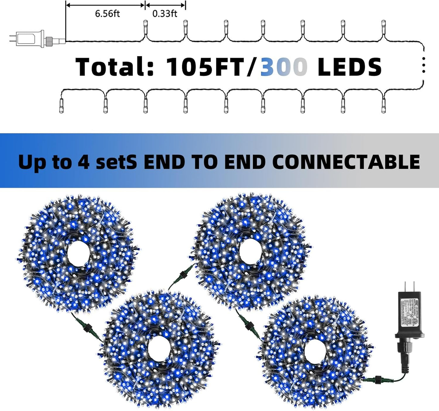 XTF2015 Christmas String Lights, 105ft 300 LED Christmas Lights 8 Modes Memory Function & Timer- UL Certified - Outdoor Indoor Christma s Fairy Lights for Tree, Garden, Party, Wedding(Blue + White)