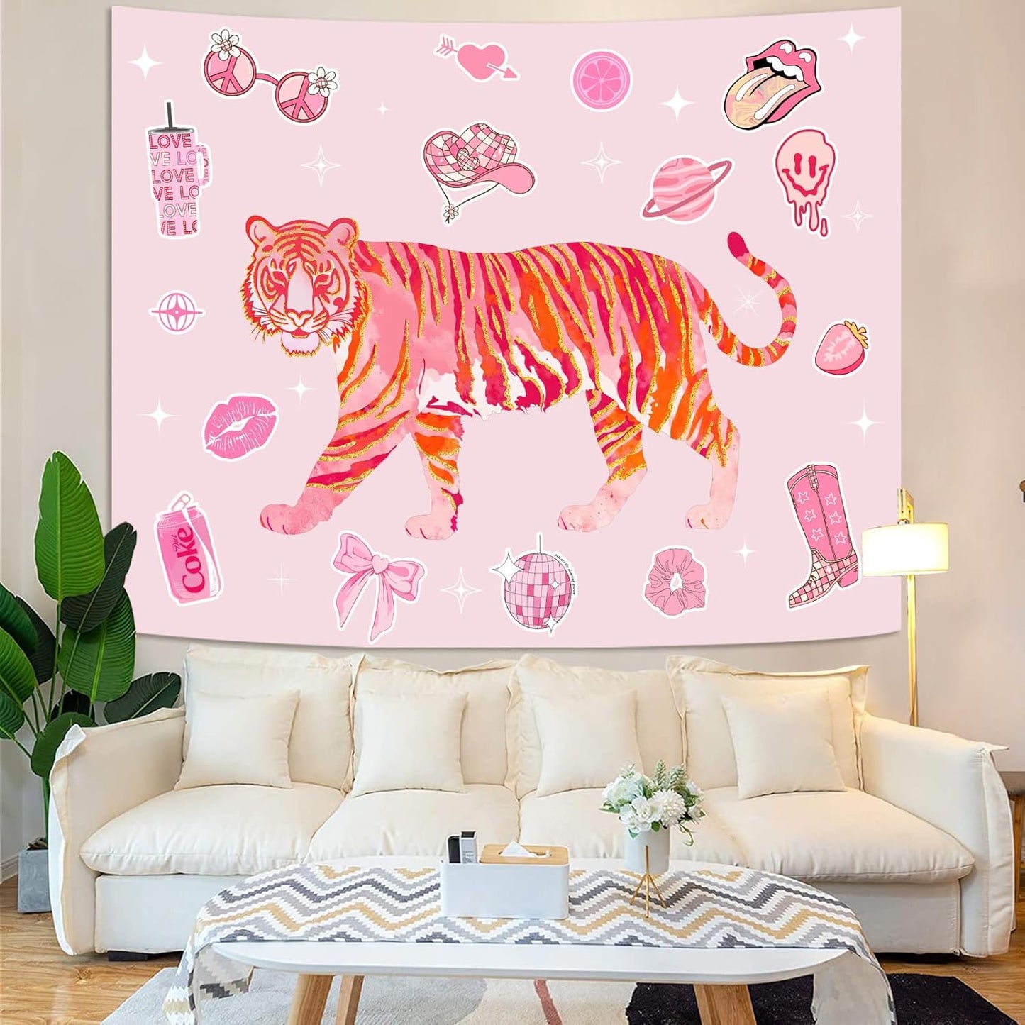 Lunerfex Y2K Tapestry Pink Tiger Wall Tapestry, Cute Tapestries for Bedroom Funny Tapestries Wall Hanging for Bedroom Living Room Decor Pink-3 44"x60"