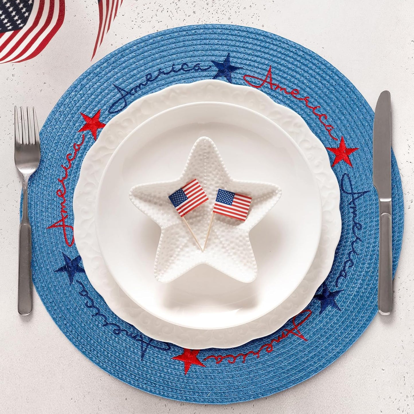 Whaline 4Pcs Round Independence Day Placemats Patriotic Stars Embroidered Place Mats 4th of July Dinner Table Mats for Home Holiday Birthday Party Decor