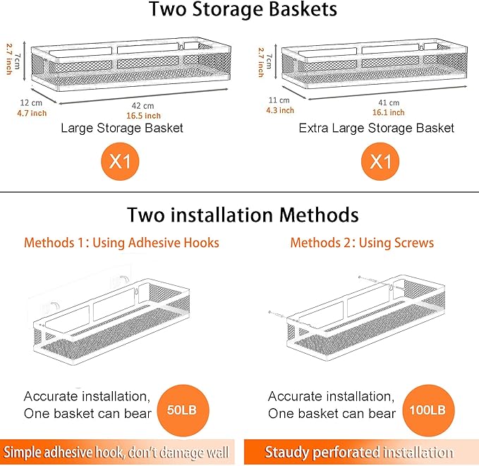 PUSDON Metal Wall Hanging Basket 2 Packs DIY Suitable for Multiple Scenes - Large Silver Grey Netting Set