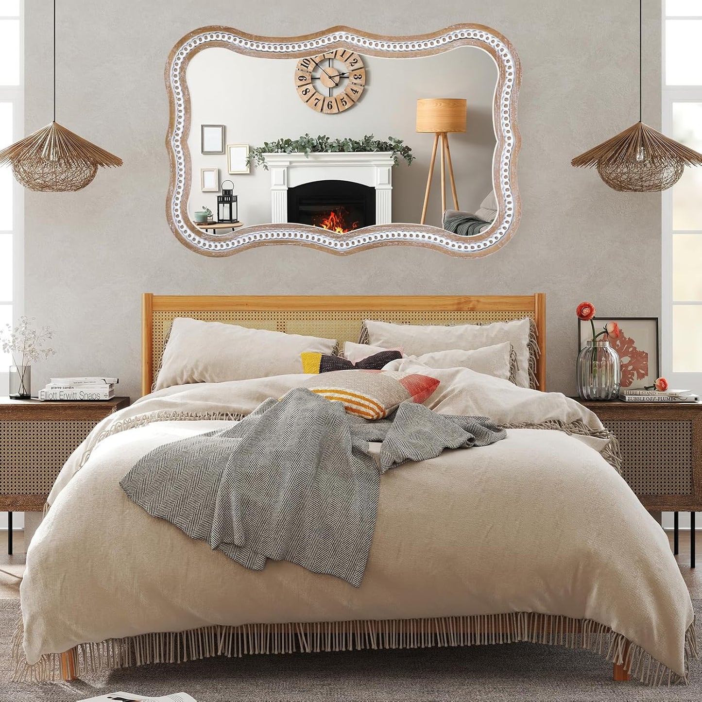 35" x 24" Rustic Farmhouse Mirror for Wall Decor, Wooden Beads Decorative Mirrors for Living Room, Bedroom, Hallway, Bathroom, Entryway - Vertical or Horizontal Hanging