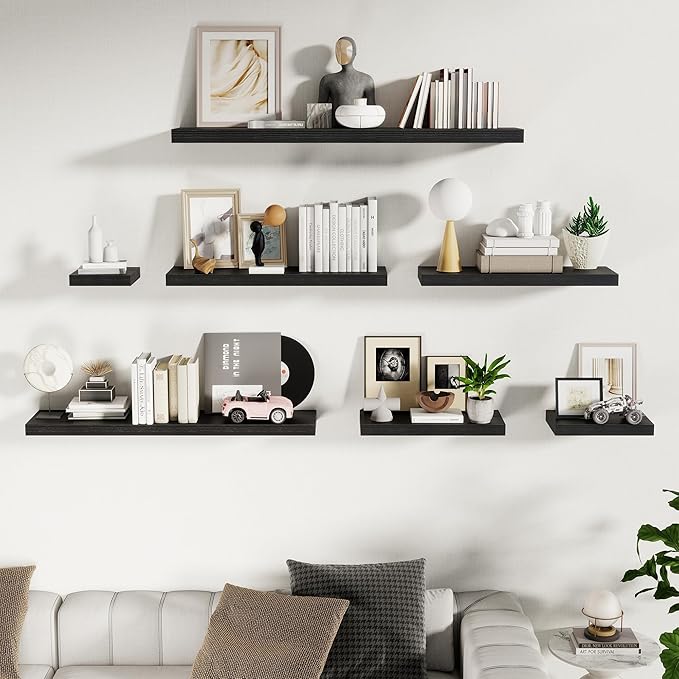 Fun Memories Black Floating Shelves for Wall - 10 x 16 Floating Shelf - Rustic Wood Storage Shelf - Wall Shelves with Invisible Bracket - 16" Bookshelves for Living Room & Bedroom - Black - Set of 2