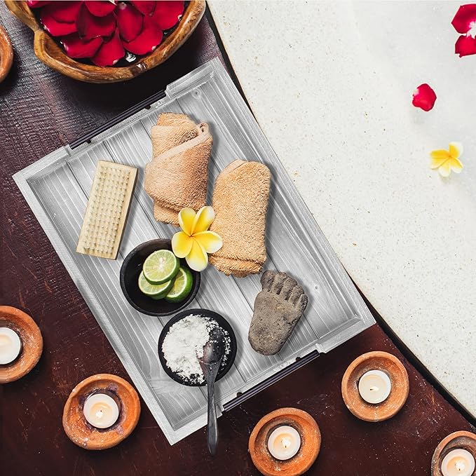 Ottoman Tray | Coffee Table Tray Decorative, Serving Tray with Handles - 17x13 Inch Wood Tray for Coffee Table Tray - with 4 Wooden Coasters -Tray for Ottoman, Breakfast