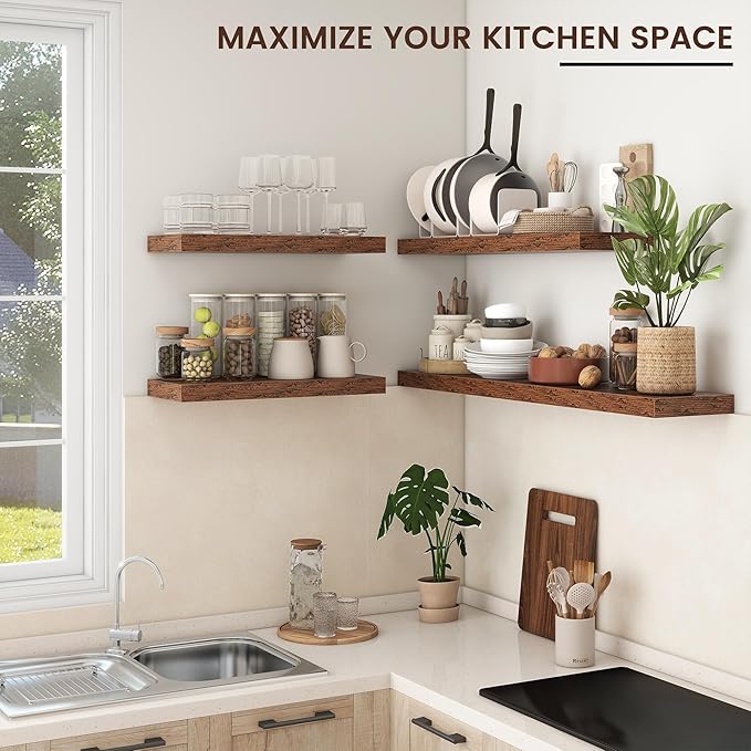 Floating Shelves - 2 Large Wall Mounted Shelves with Invisible Brackets, Long Wood Floating Wall Shelf for Living Room, Bedroom, Kitchen (Brown, 48" W x 9" D x 1.5" H)