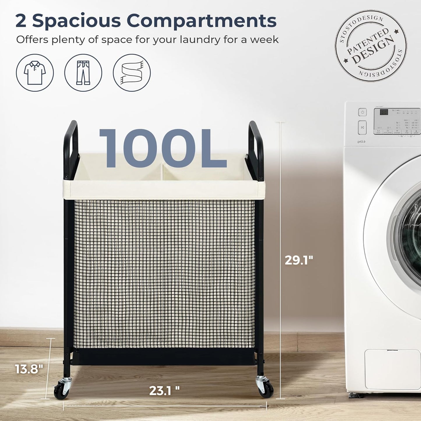 STO STO Laundry Hamper 2 Section, 100L Rolling Laundry Sorter Cart with Removable and Washable Liner Bag, Rolling Clothes Hamper with Metal Handle for Laundry Room and Bedroom