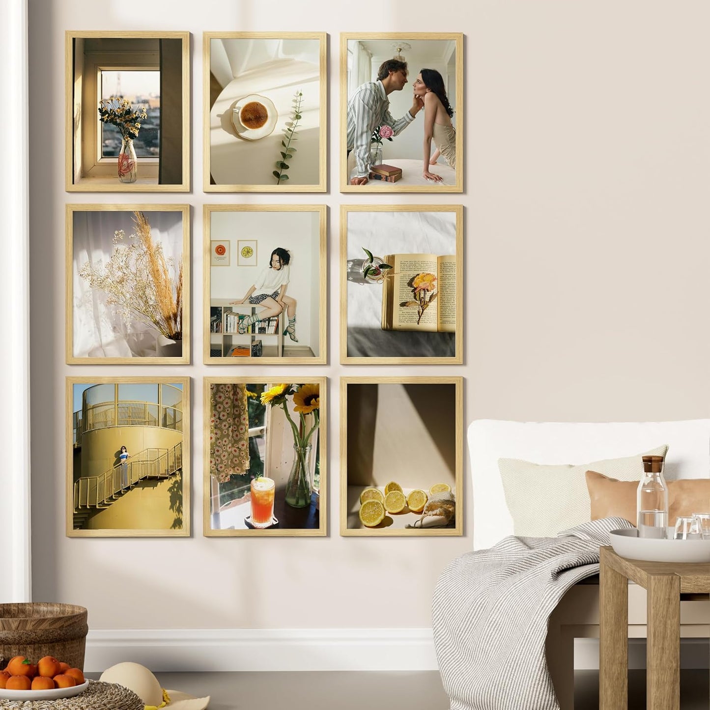 Vittanly 12x16 Picture Frames Set of 9, Shatter Resistant Plexiglass, Display 11x14 Pictures with Mat or 12x16 without Mat, Photo Frames for Wall Mount, Engineered Wood, OAK