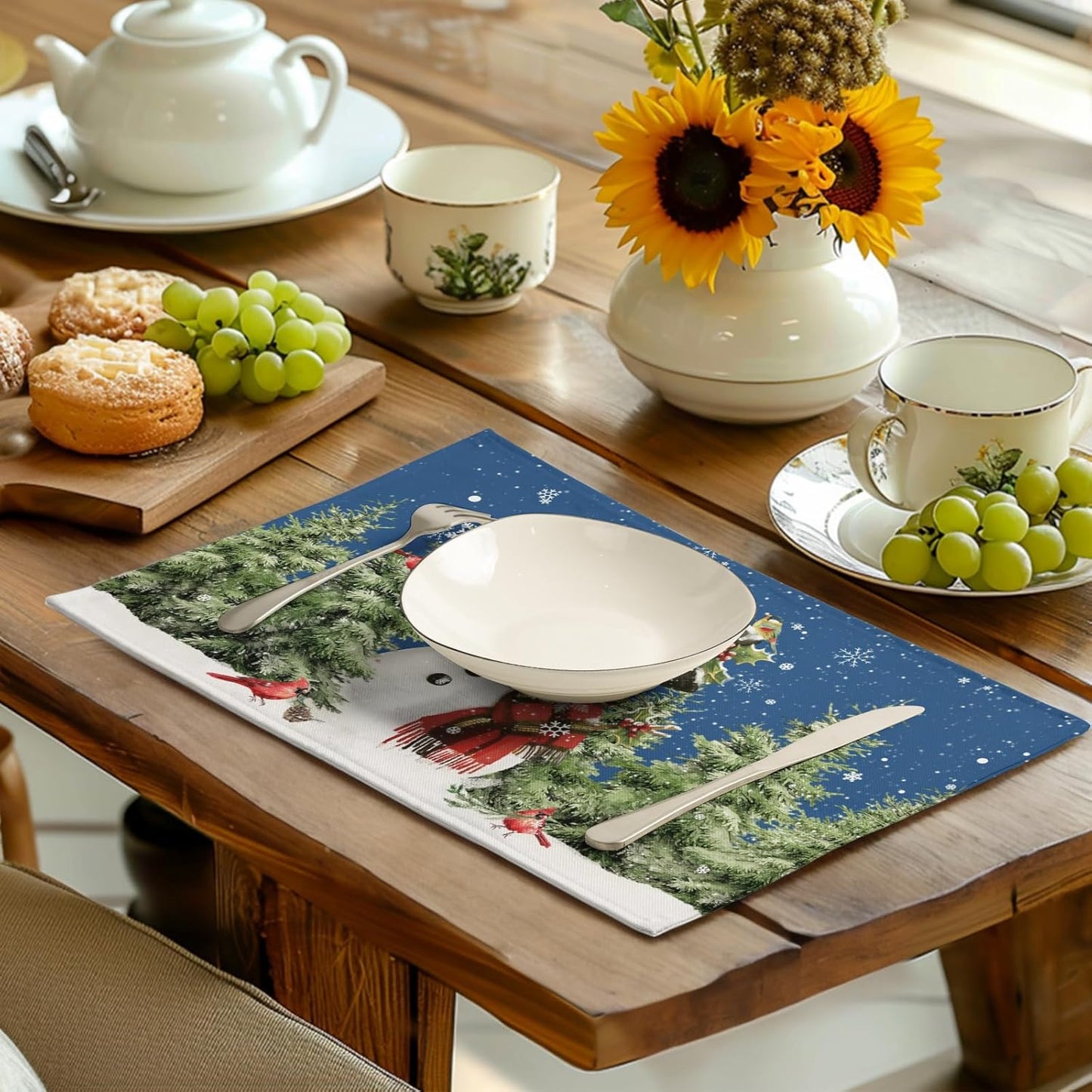 Blue Snowman Christmas Placemats Set of 4 Xmas Tree Cardinal Snowflakes Linen Table Mats Seasonal Winter Holiday Place Mats Washable Placemat for Party Kitchen Dining Outdoor Indoor Decor