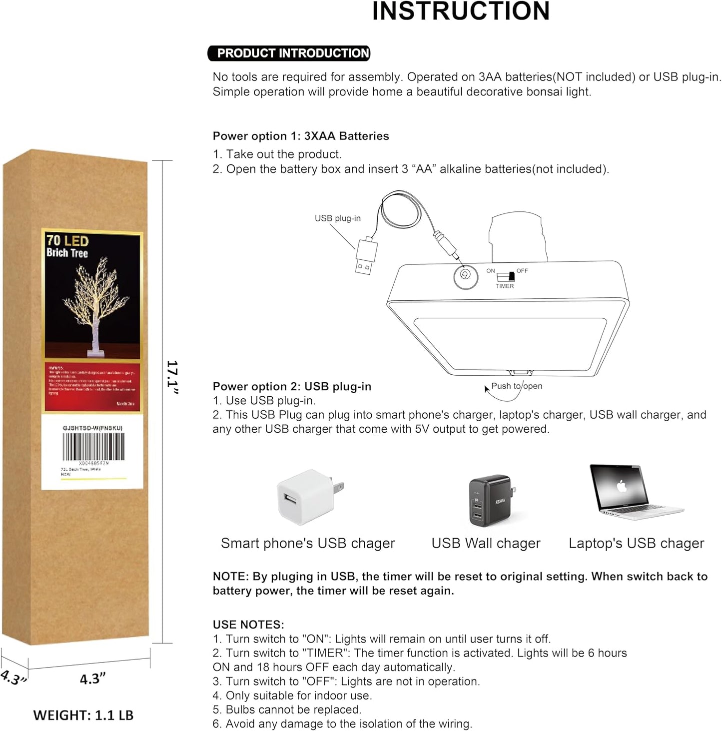 LIGHTSHARE 24IN Lighted Willow Tree Bonsai 70 Mini LED Lights Artificial White Birch Tree for Home, Festival, Wedding, Nativity, Party, and Christmas Decoration, Plug in or Battery (White)
