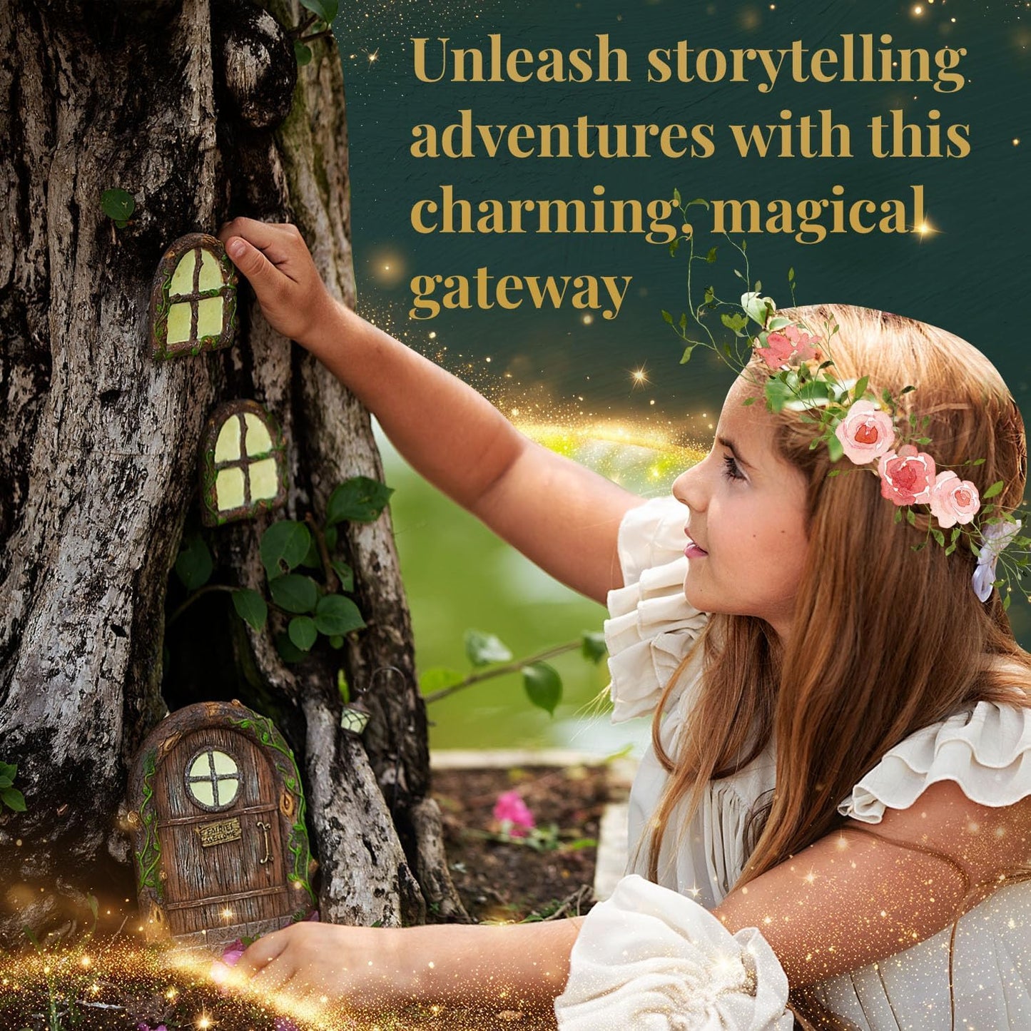 Fairy Door and Windows – Glow in The Dark Yard Art Sculpture Decoration for Kids Room, Wall and Trees Outdoor | Miniature Garden Outdoor Decor Accessories with Bonus Fairy Lantern