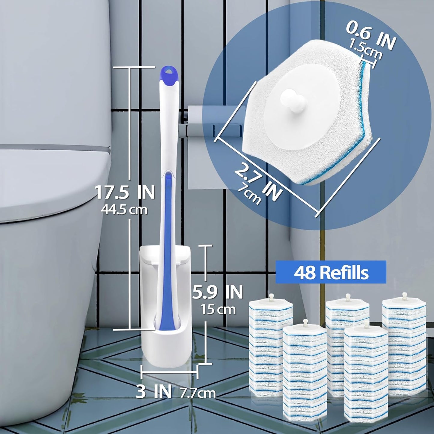 JEHONN Disposable Toilet Brush with 48 Wand Cleaner Refills, Wall Mounted Toilet Bowl Brush Holder Set, Bathroom Cleaning System for Sink Bathtub Wash Basin (Blue)
