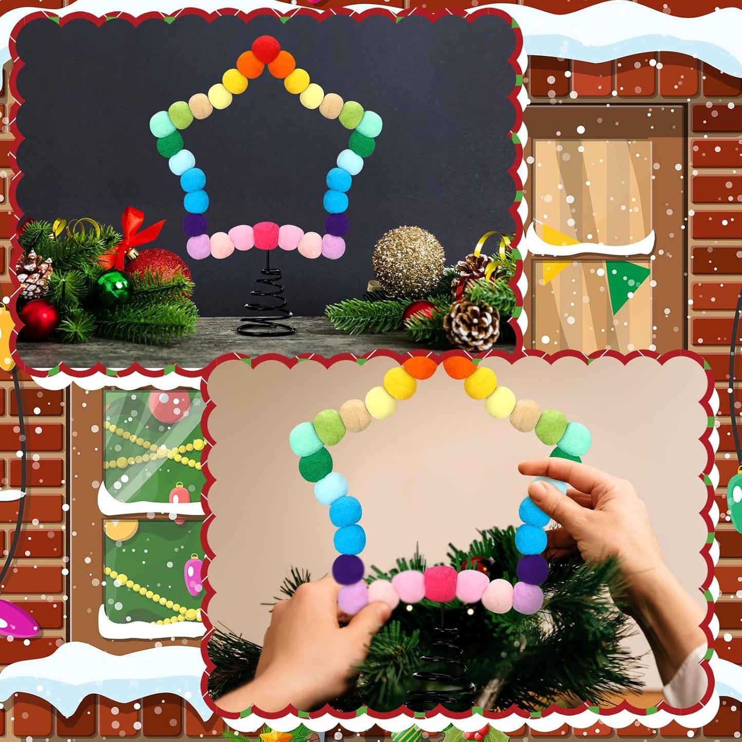 Rainbow Felt Ball Star Christmas Tree Topper Colorful Pom Pom Felt Ball Xmas Tree Topper Colorful Five Pointed Star Xmas Ornaments for Decoration(8.3 x 7.1 Inch)