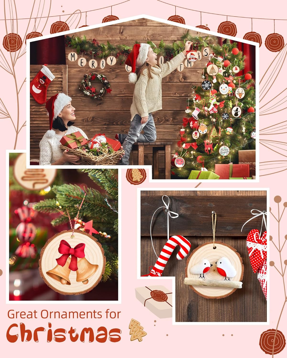 Unfinished Wood Slices with Hole, Natural Wood Circles Blank with Bark for DIY Crafts, Home Decor, Christmas Ornament (30Pcs, 3.1-3.5 Inch)