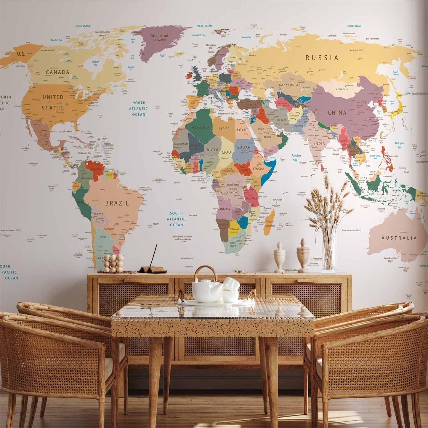 artgeist Wall Mural World Map 173x124 in - Peel and Stick Self-Adhesive Wallpaper Removable Large Sticker Foil Wall Decor Print Picture Image Design Map of The World k-B-0001-a-b