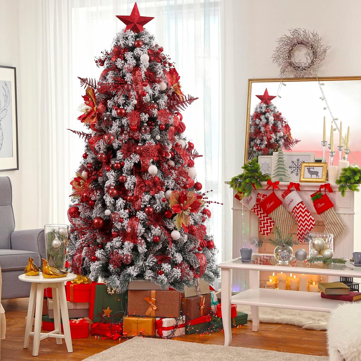 Clear Christmas Ball Ornaments,24ct Shatterproof Plastic Decorative Christmas Ornaments Hanging Xmas Tree Baubles Set with Stuffed Delicate Glittering Decorations for Holiday Party Home Decor (Red)