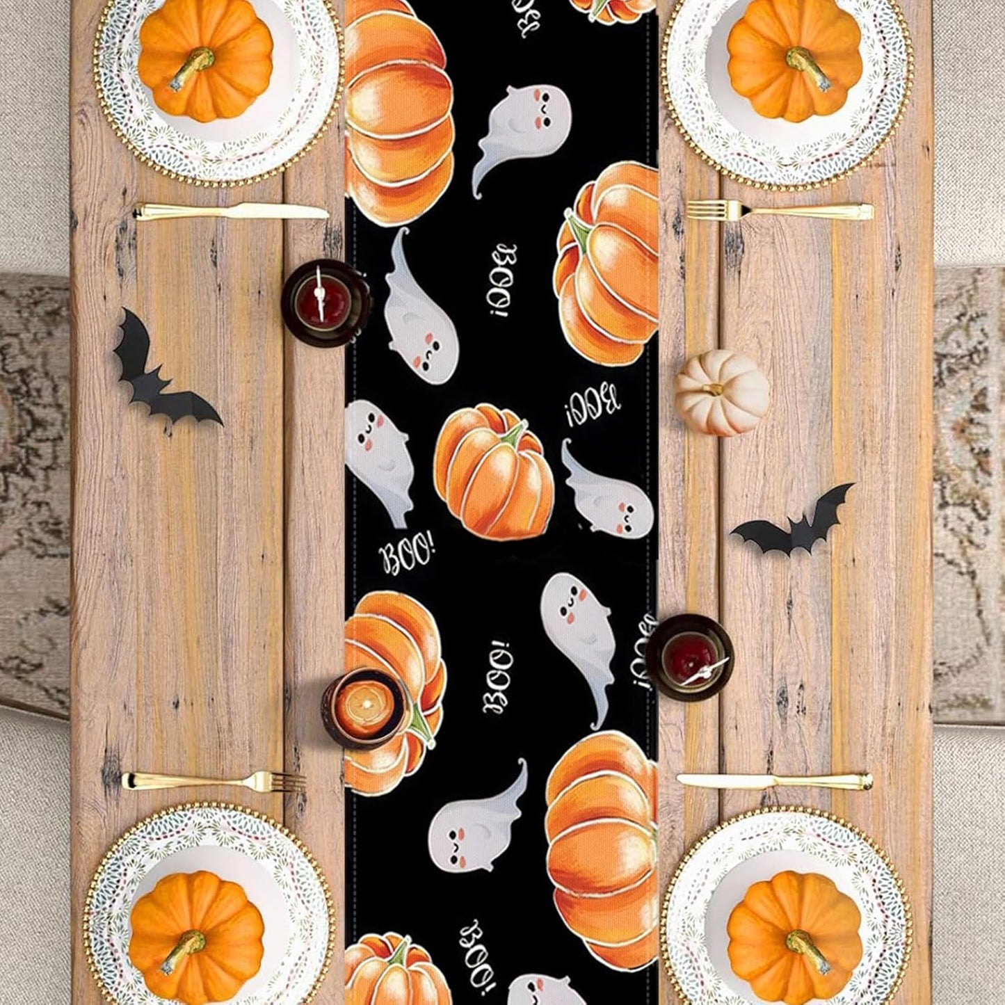 Halloween Table Runner Spooky Ghost Pumpkin Table Runner for Home Party Holiday Indoor Outdoor Table Decoration Halloween Table Decoration Kitchen Dining Table Decor 13 x 36 Inch (Black)