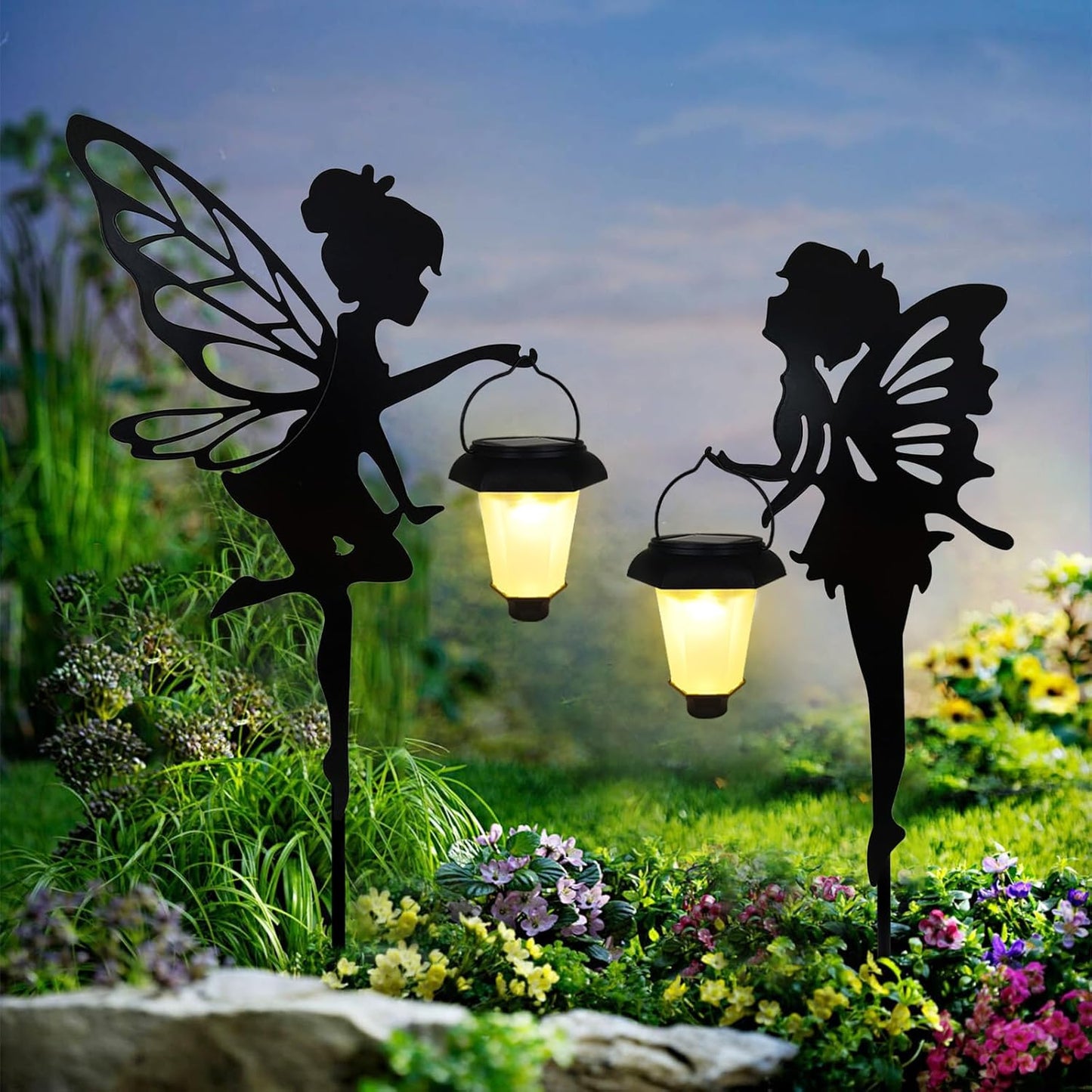Solar Fairy Garden Stake Decorative Lantern, 2 Pack Metal Fairy Angel Garden Silhouette Lights for Lawn, Pathway, Patio, Yard Outdoor Decor